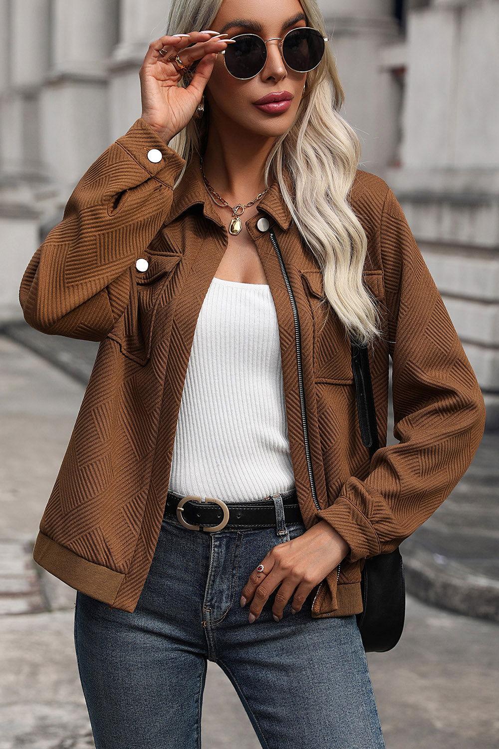 Perfee Textured Zip Up Collared Neck Jacket - Clothes For Her Online Store