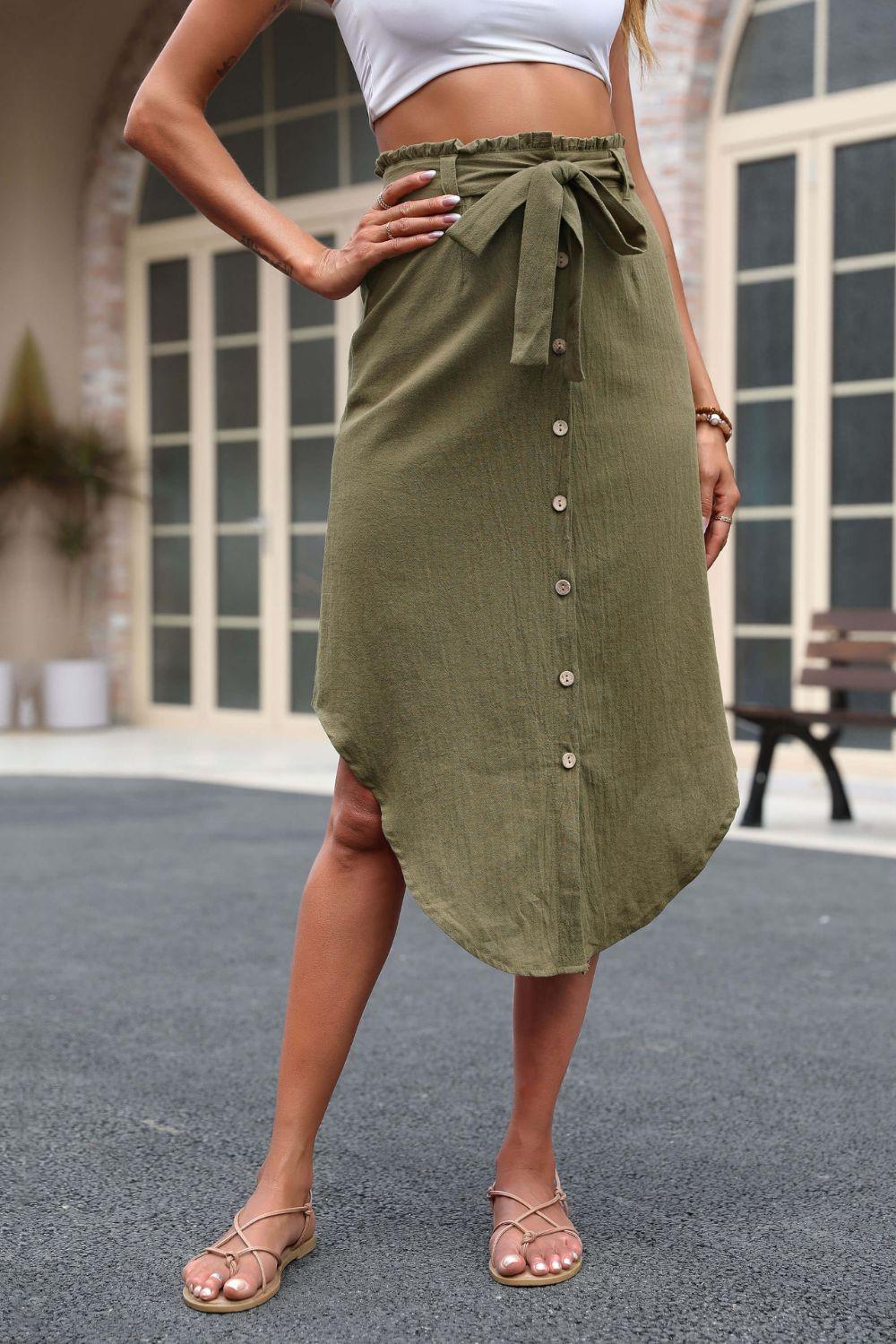 Perfee Tie Belt Frill Trim Buttoned Skirt - Clothes For Her Online Store