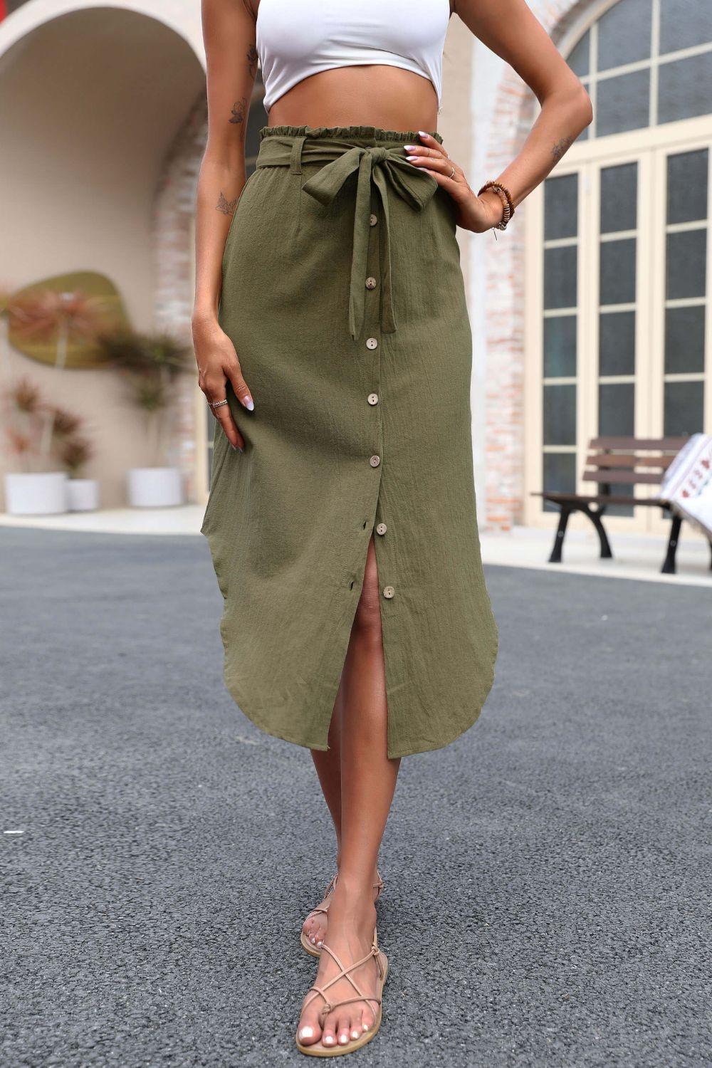 Perfee Tie Belt Frill Trim Buttoned Skirt - Clothes For Her Online Store