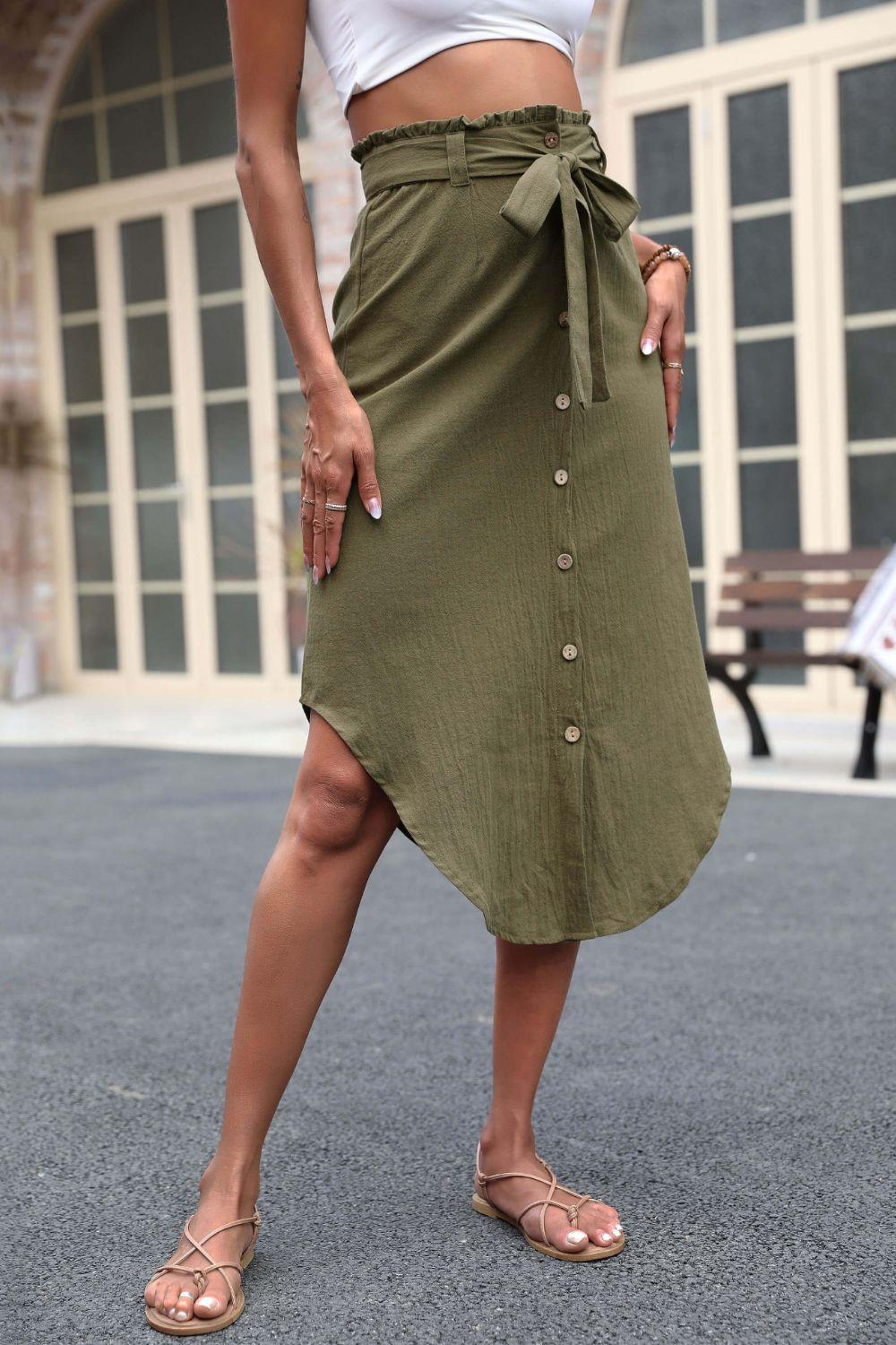 Perfee Tie Belt Frill Trim Buttoned Skirt - Clothes For Her Online Store
