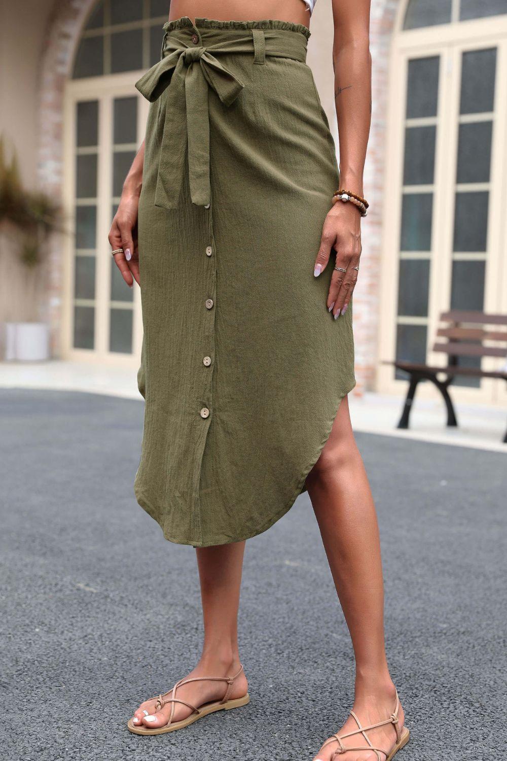 Perfee Tie Belt Frill Trim Buttoned Skirt - Clothes For Her Online Store