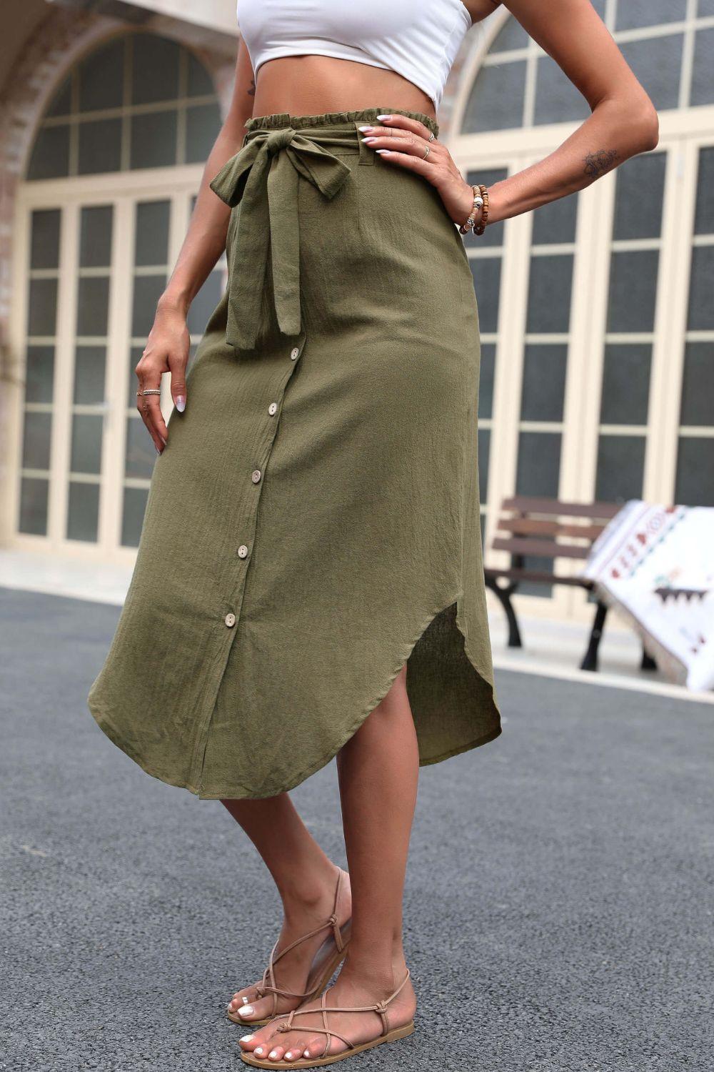 Perfee Tie Belt Frill Trim Buttoned Skirt - Clothes For Her Online Store