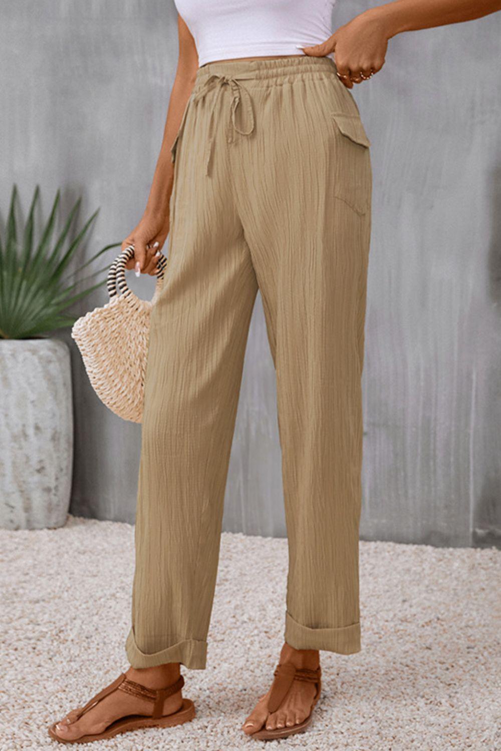 Perfee Tie Waist Pocketed Long Pants - Clothes For Her Online Store