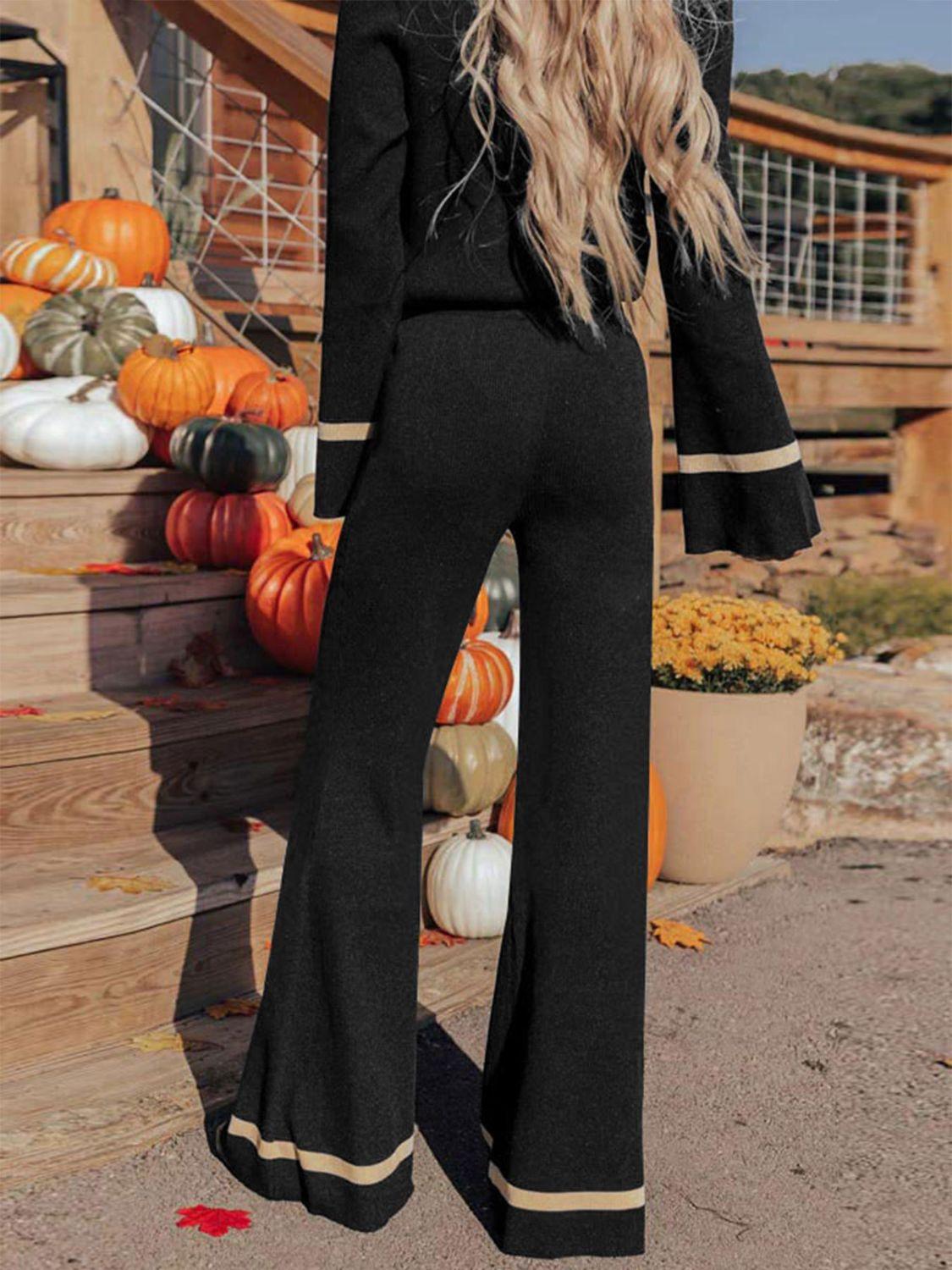 Perfee V-Neck Long Sleeve Top and Pants Set - Clothes For Her Online Store