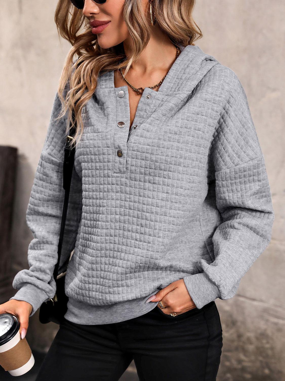 Perfee Waffle-Knit Half Button Hoodie - Clothes For Her Online Store