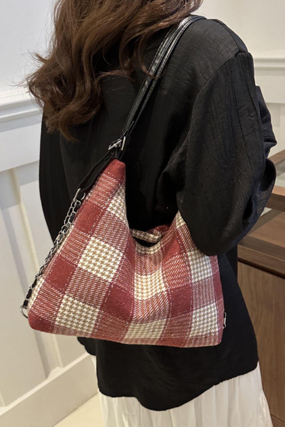 Plaid Adjustable Strap Handbag - Clothes For Her Online Store