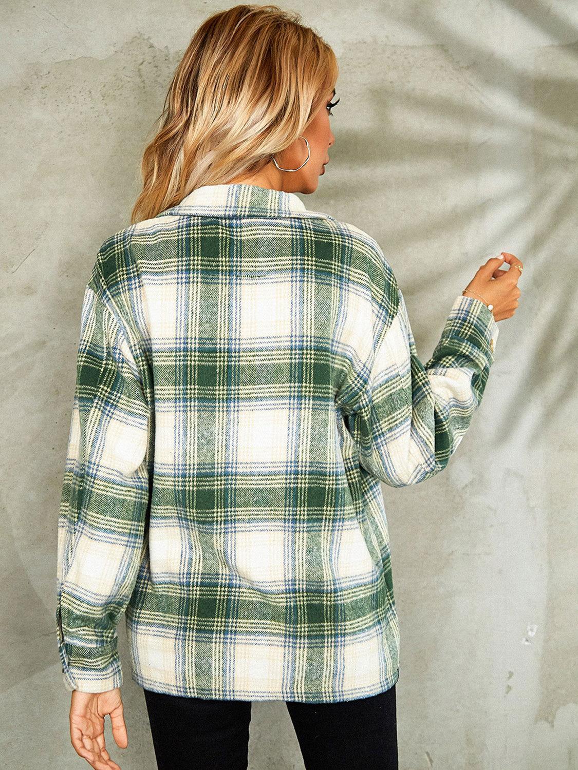 Plaid Button Down Collared Jacket - Clothes For Her Online Store