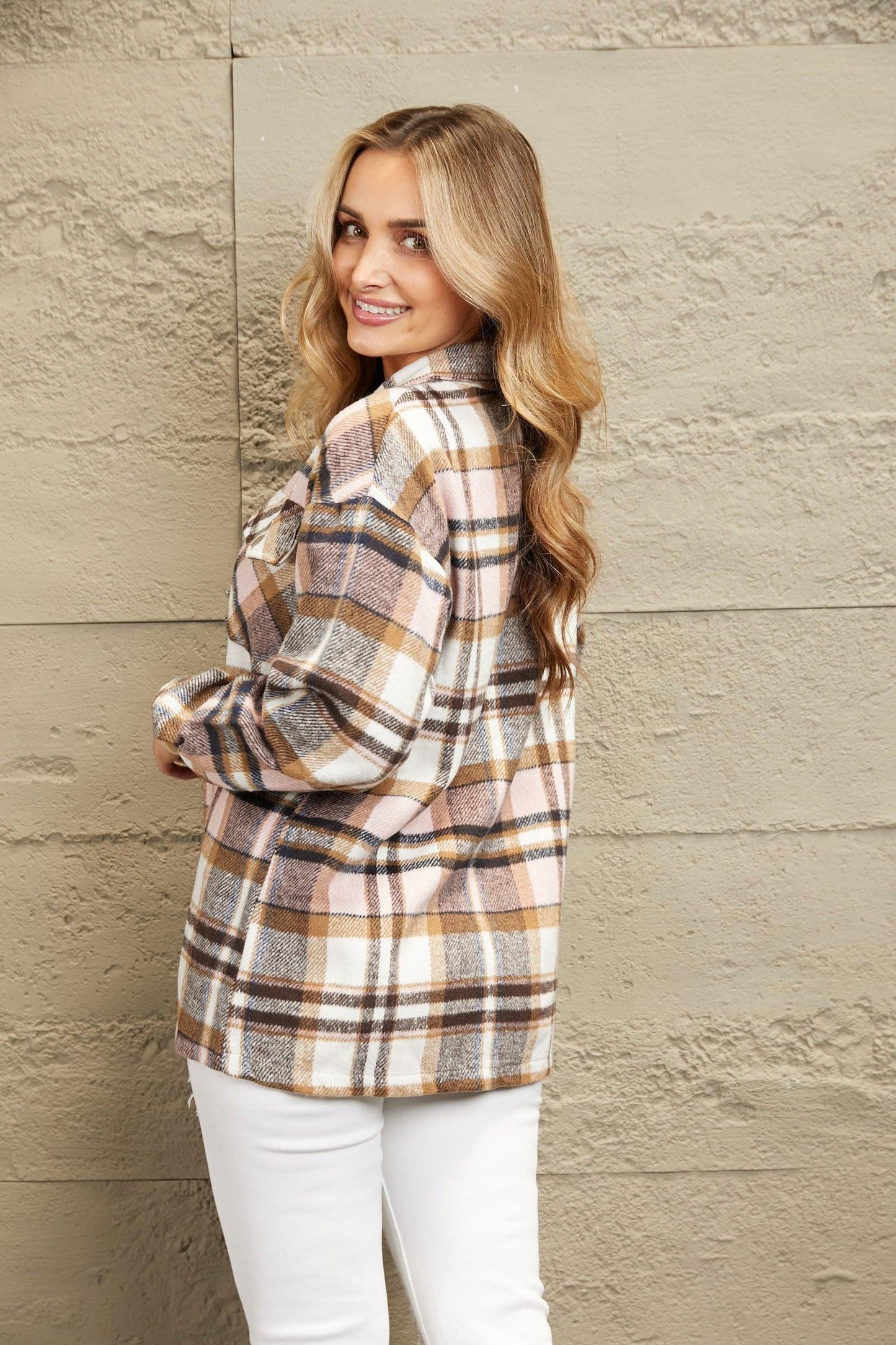 Plaid Button Front Shirt Jacket with Breast Pockets - Clothes For Her Online Store