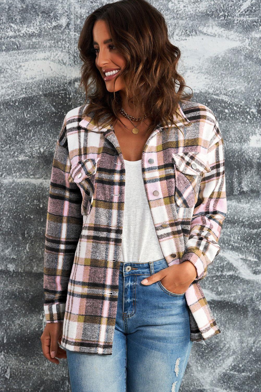 Plaid Button Front Shirt Jacket with Breast Pockets - Clothes For Her Online Store