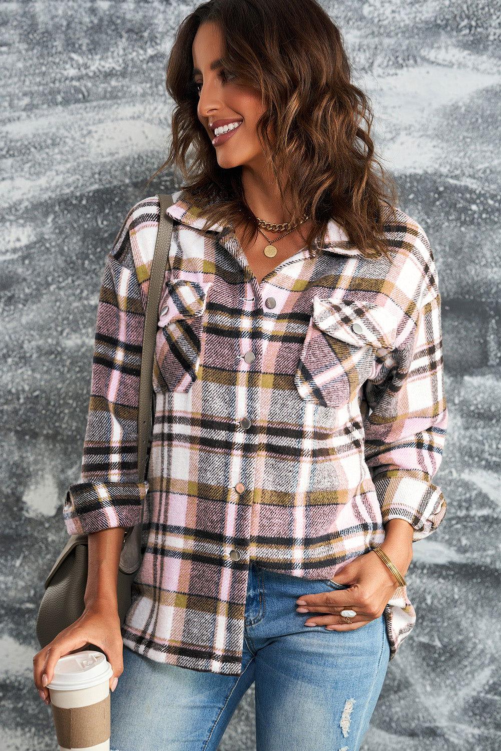 Plaid Button Front Shirt Jacket with Breast Pockets - Clothes For Her Online Store