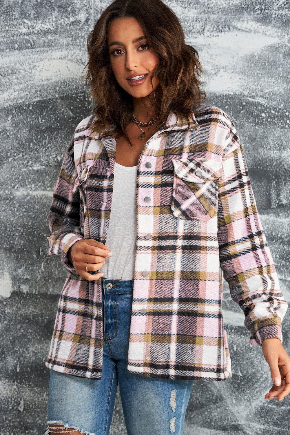 Plaid Button Front Shirt Jacket with Breast Pockets - Clothes For Her Online Store
