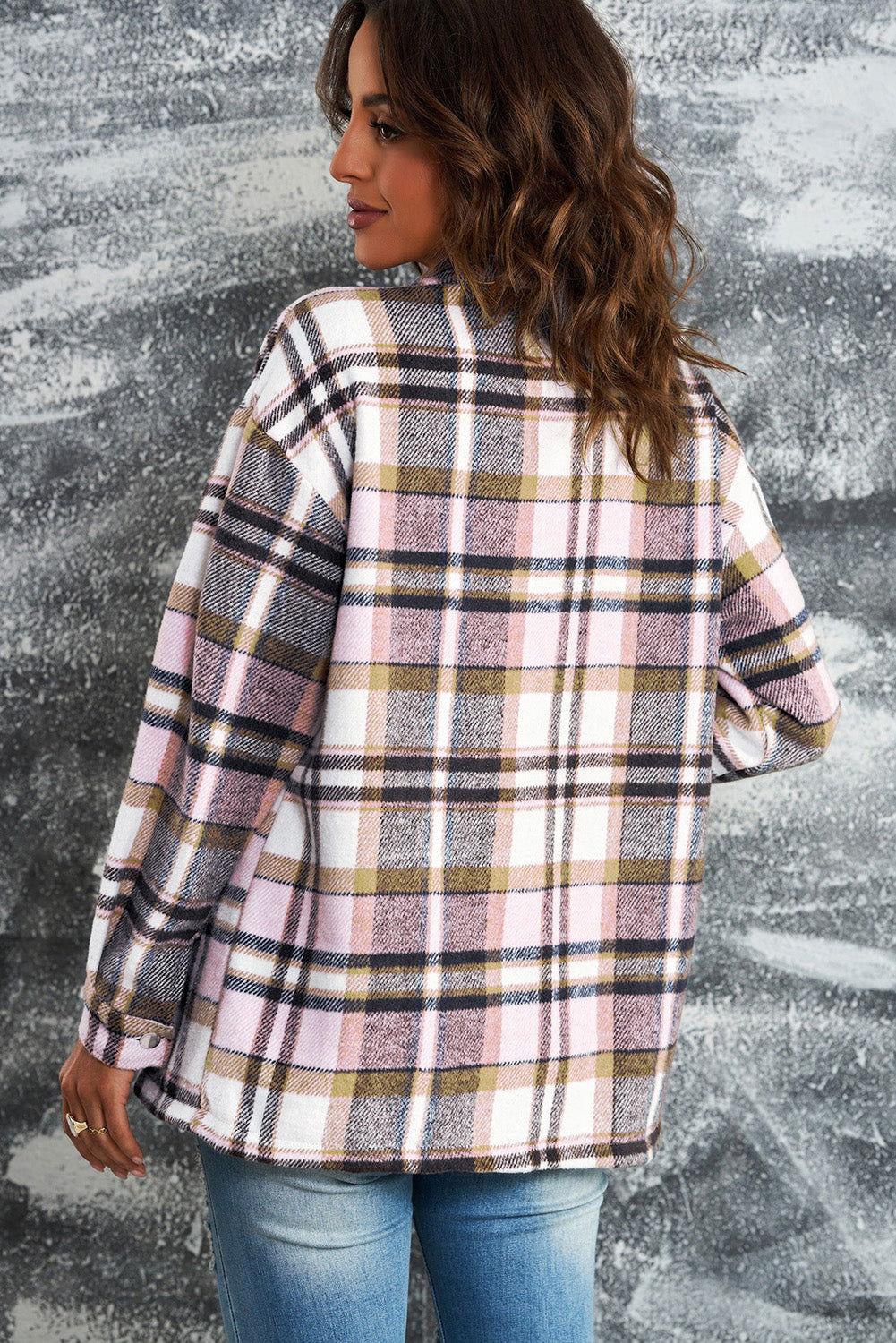 Plaid Button Front Shirt Jacket with Breast Pockets - Clothes For Her Online Store