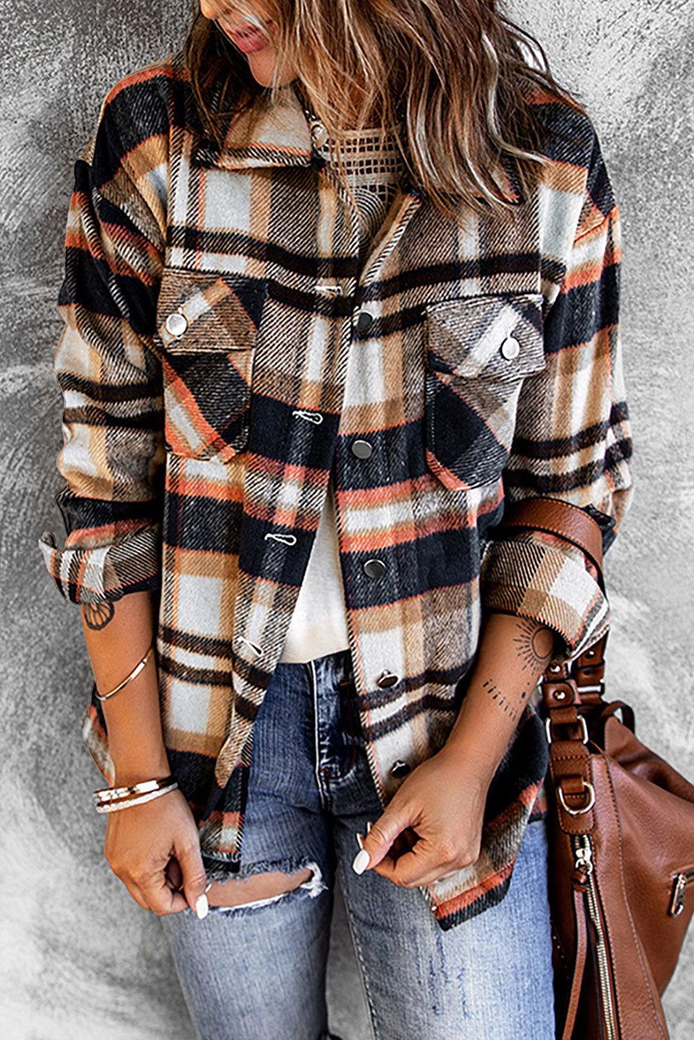 Plaid Button Front Shirt Jacket with Breast Pockets - Clothes For Her Online Store