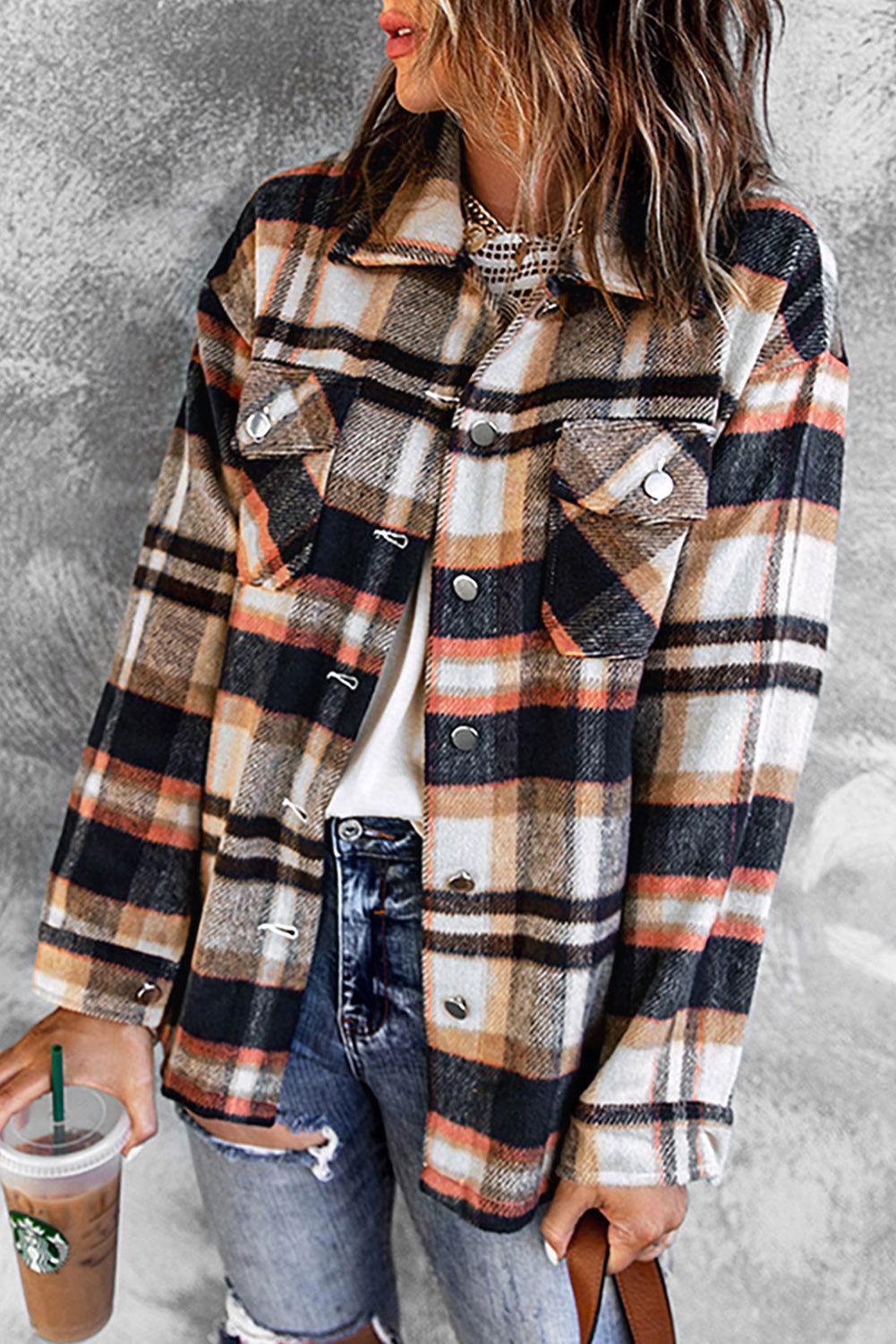 Plaid Button Front Shirt Jacket with Breast Pockets - Clothes For Her Online Store