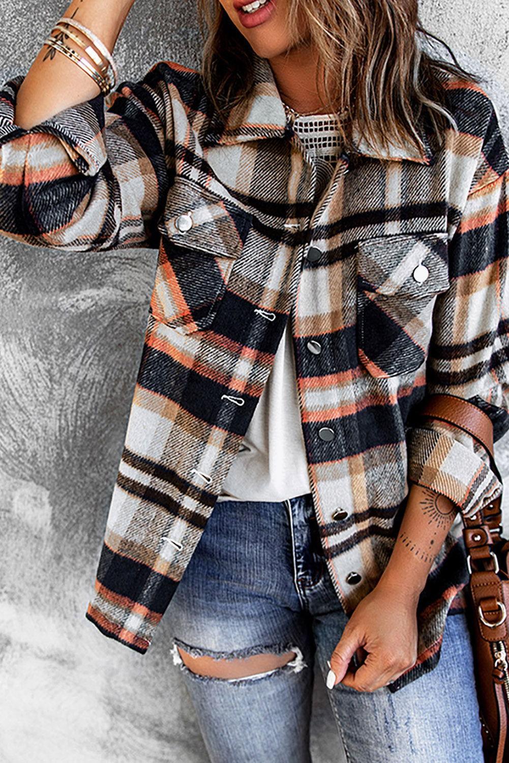 Plaid Button Front Shirt Jacket with Breast Pockets - Clothes For Her Online Store