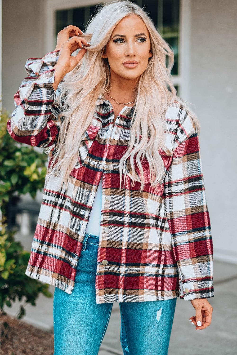 Plaid Button Front Shirt Jacket with Breast Pockets - Clothes For Her Online Store