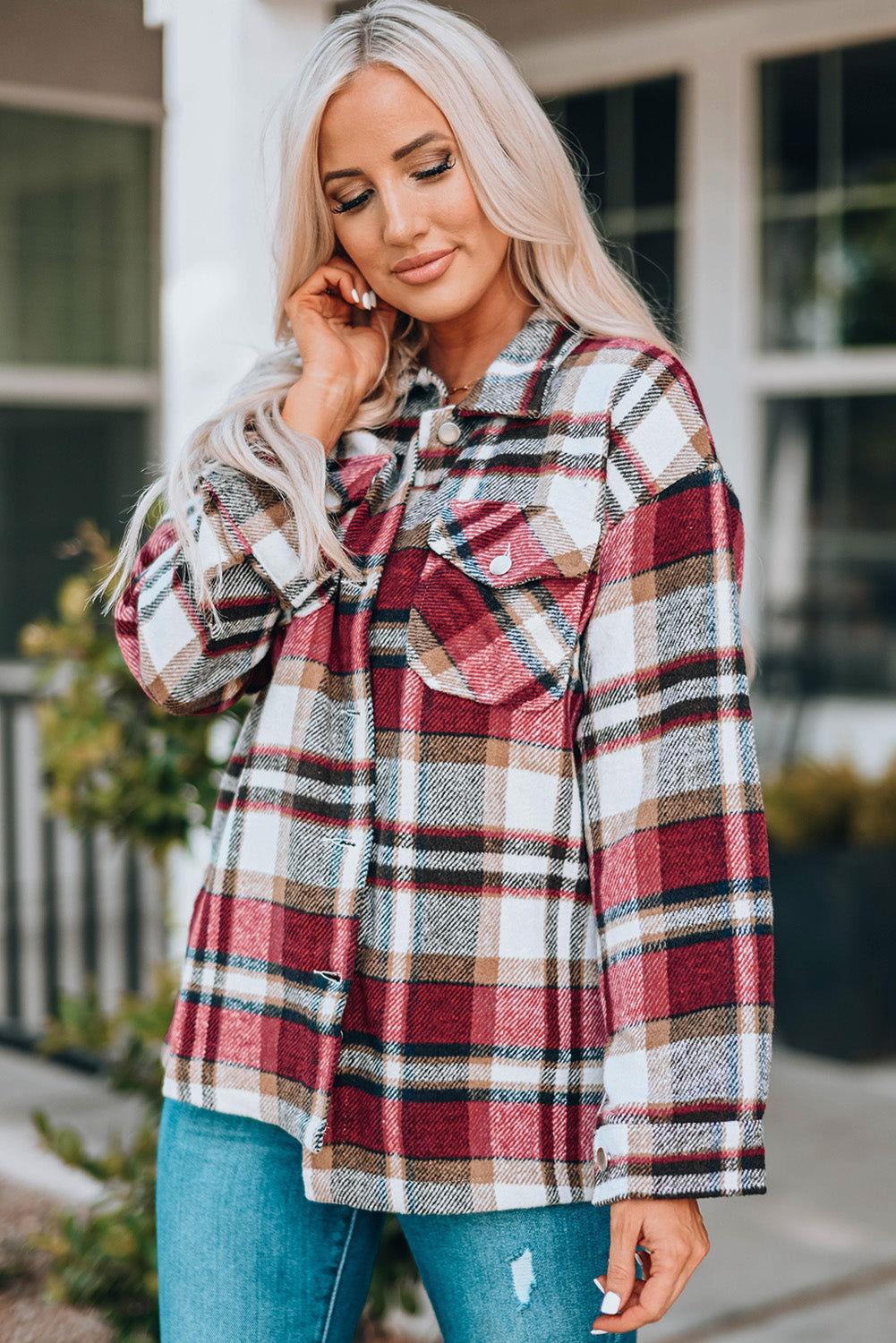 Plaid Button Front Shirt Jacket with Breast Pockets - Clothes For Her Online Store