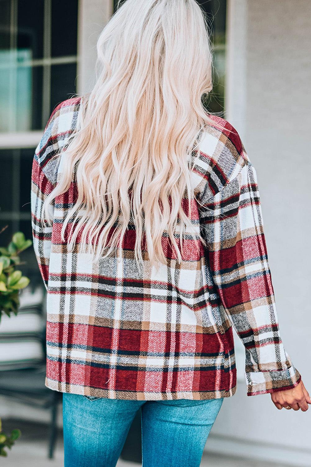 Plaid Button Front Shirt Jacket with Breast Pockets - Clothes For Her Online Store