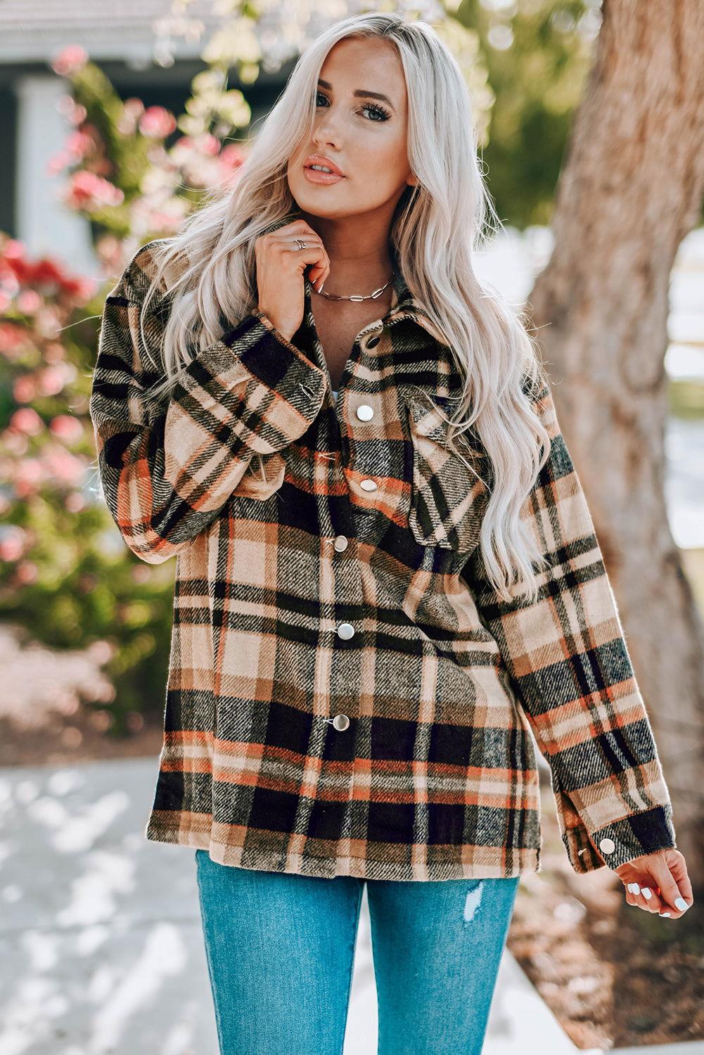 Plaid Button Front Shirt Jacket with Breast Pockets - Clothes For Her Online Store