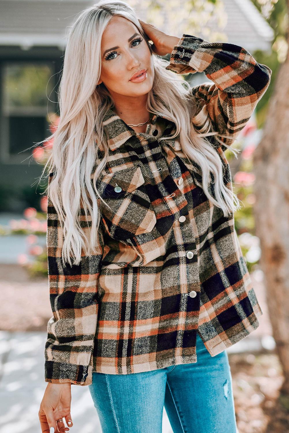 Plaid Button Front Shirt Jacket with Breast Pockets - Clothes For Her Online Store