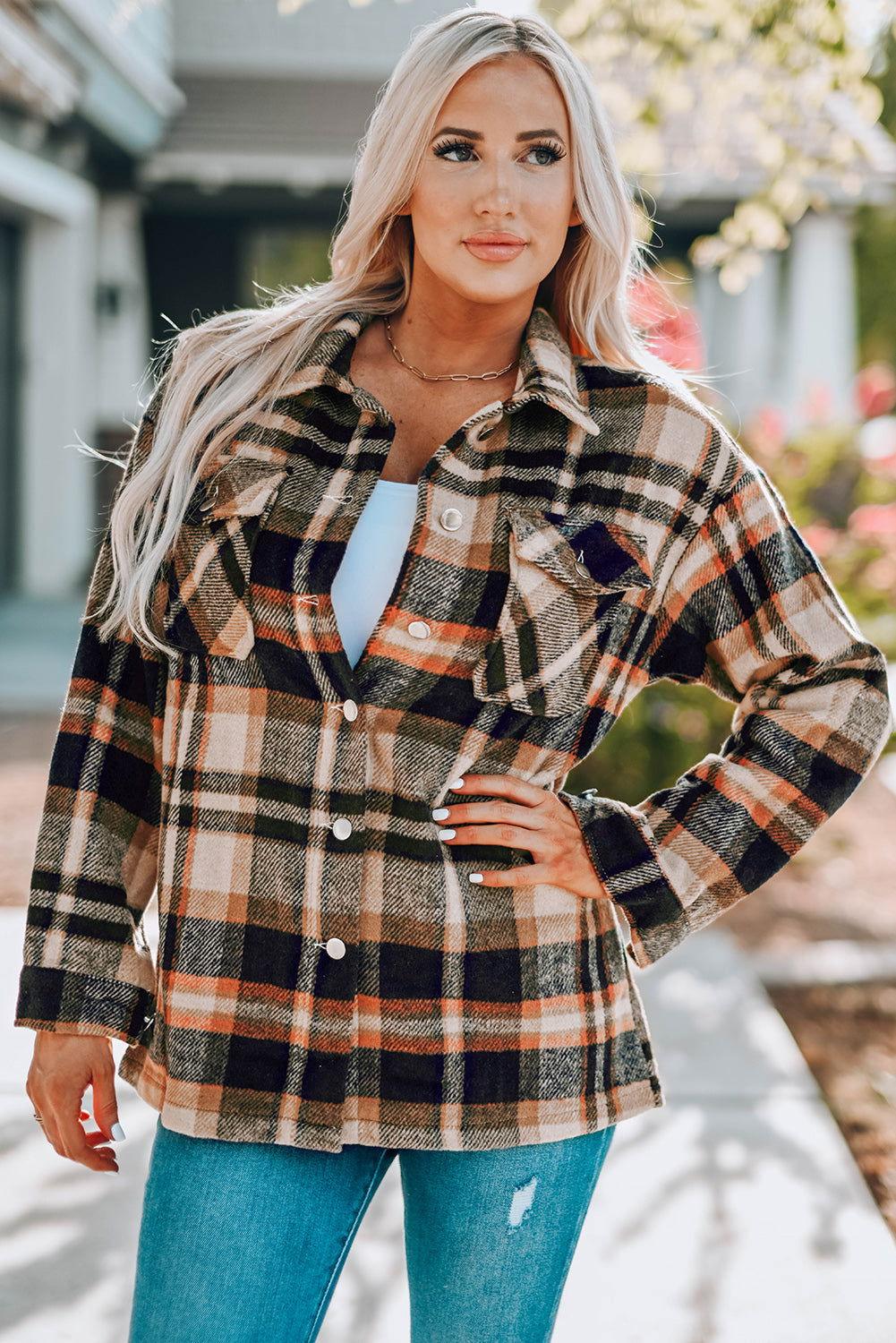 Plaid Button Front Shirt Jacket with Breast Pockets - Clothes For Her Online Store