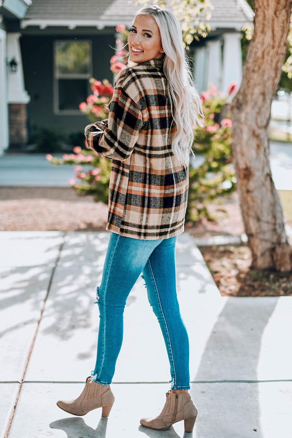 Plaid Button Front Shirt Jacket with Breast Pockets - Clothes For Her Online Store