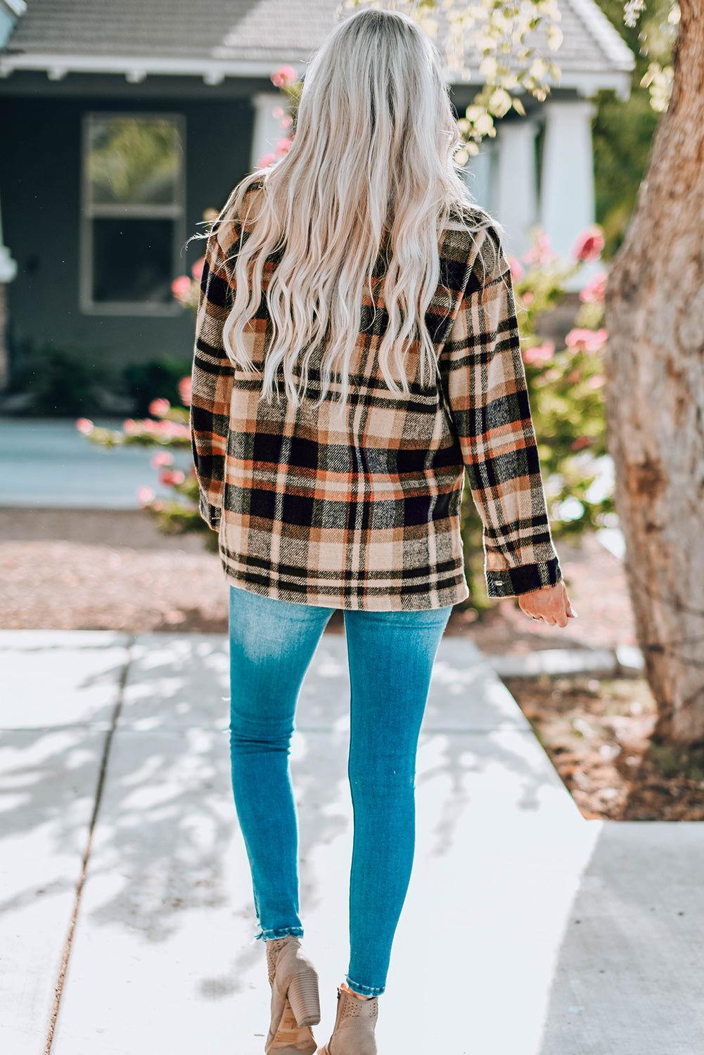 Plaid Button Front Shirt Jacket with Breast Pockets - Clothes For Her Online Store