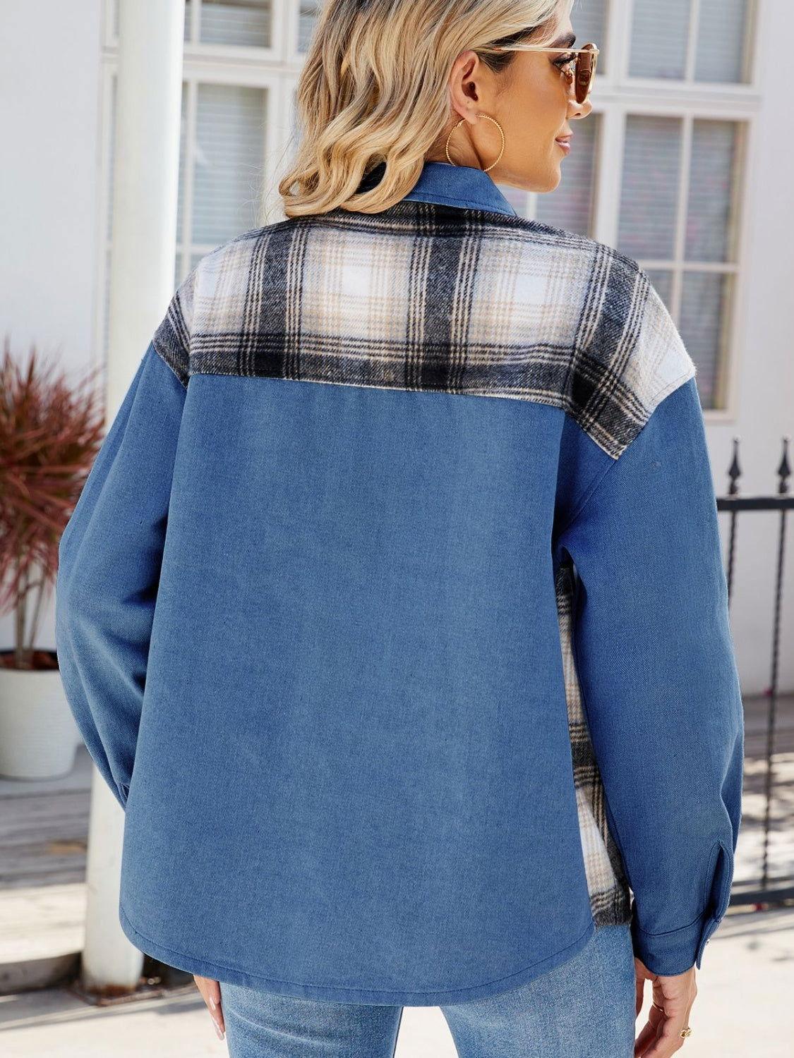Plaid Button Up Long Sleeve Denim Jacket - Clothes For Her Online Store