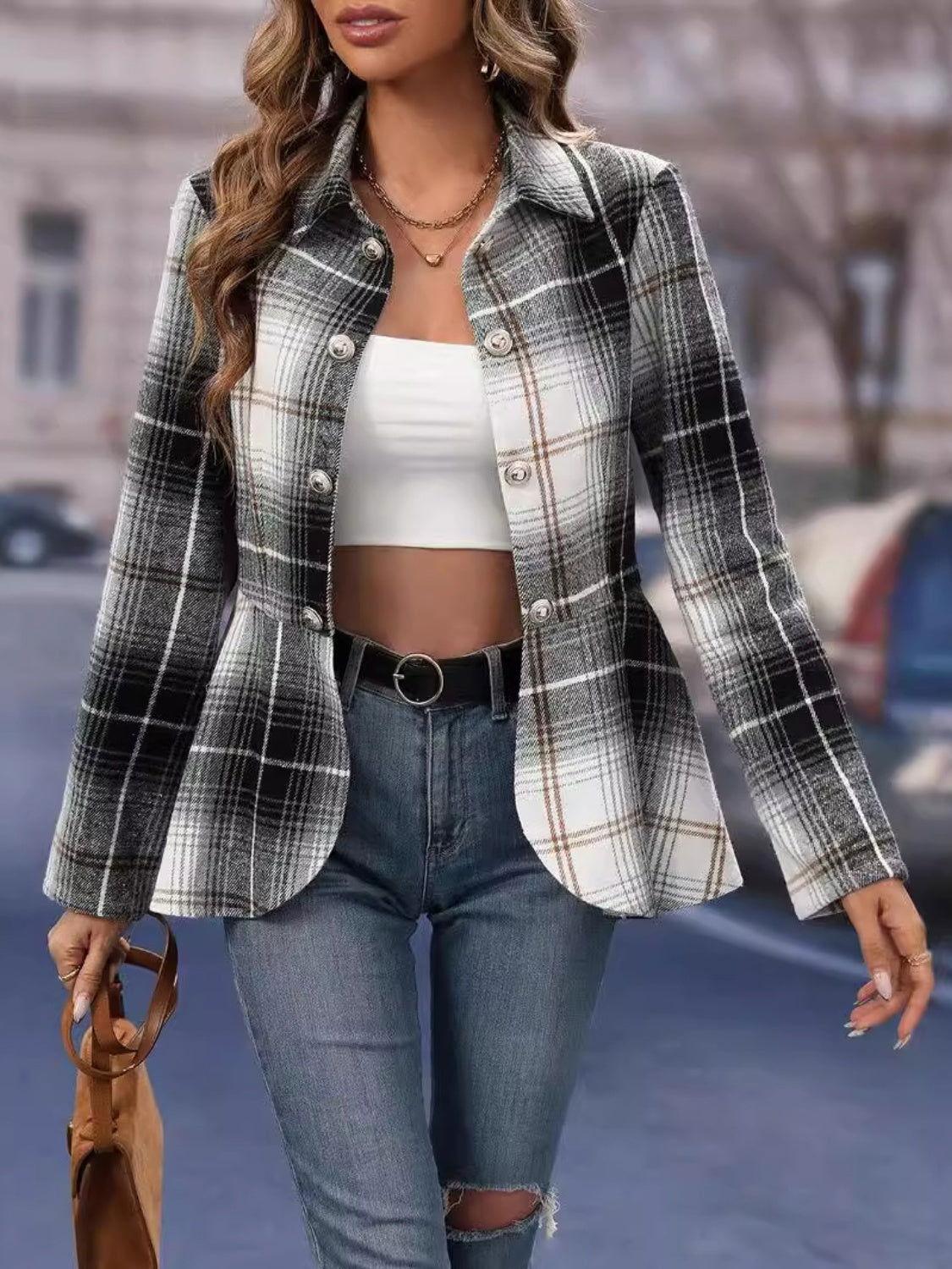Plaid Button Up Long Sleeve Jacket - Clothes For Her Online Store