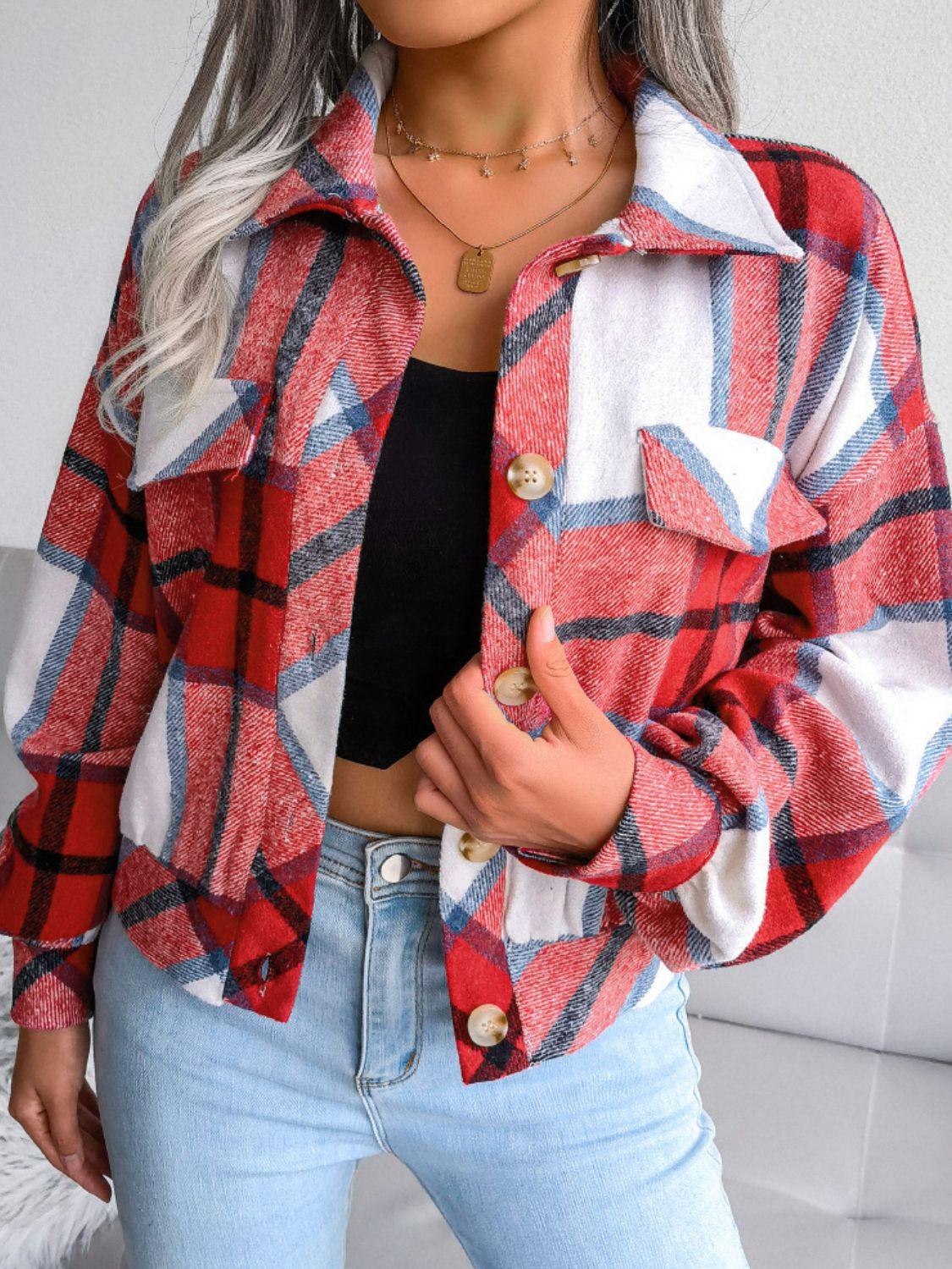 Plaid Collared Neck Drop Shoulder Jacket - Clothes For Her Online Store