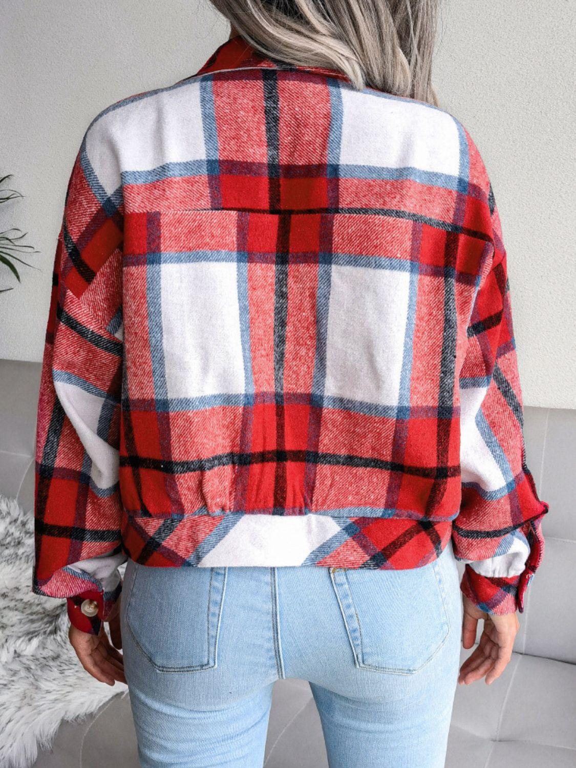 Plaid Collared Neck Drop Shoulder Jacket - Clothes For Her Online Store