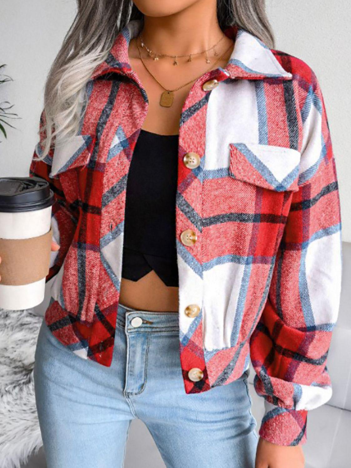 Plaid Collared Neck Drop Shoulder Jacket - Clothes For Her Online Store