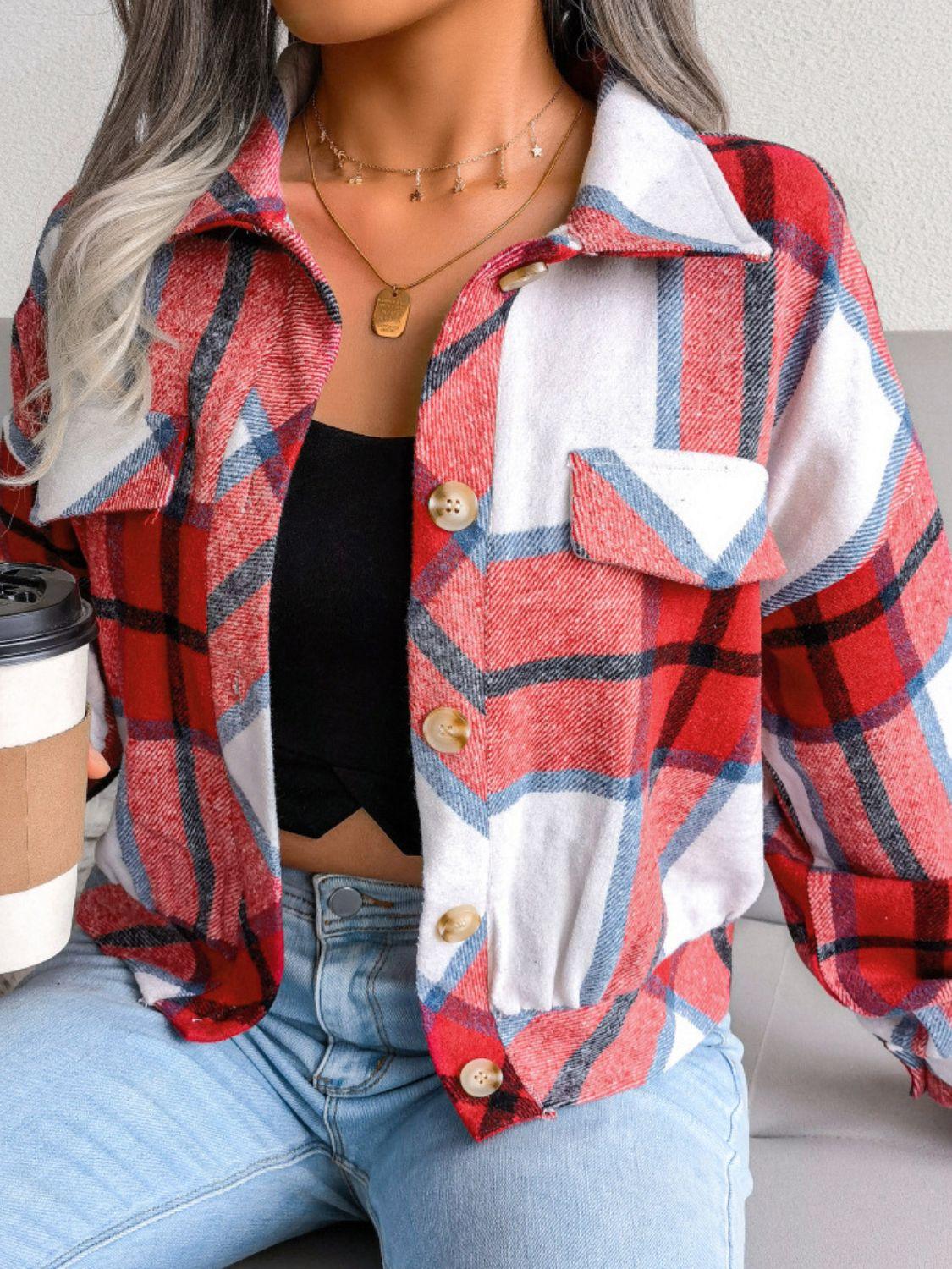 Plaid Collared Neck Drop Shoulder Jacket - Clothes For Her Online Store