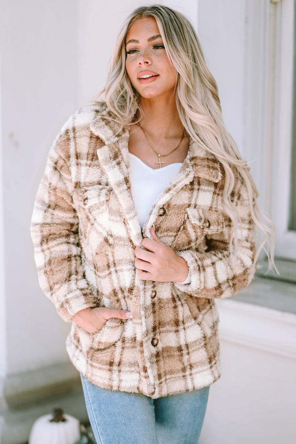 Plaid Collared Neck Jacket - Clothes For Her Online Store