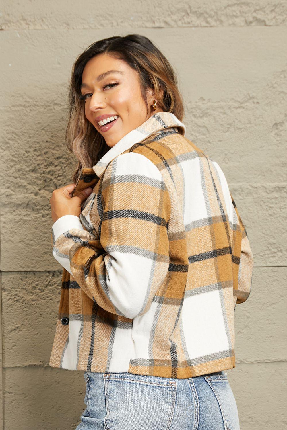 Plaid Collared Neck Jacket with Breast Pockets - Clothes For Her Online Store