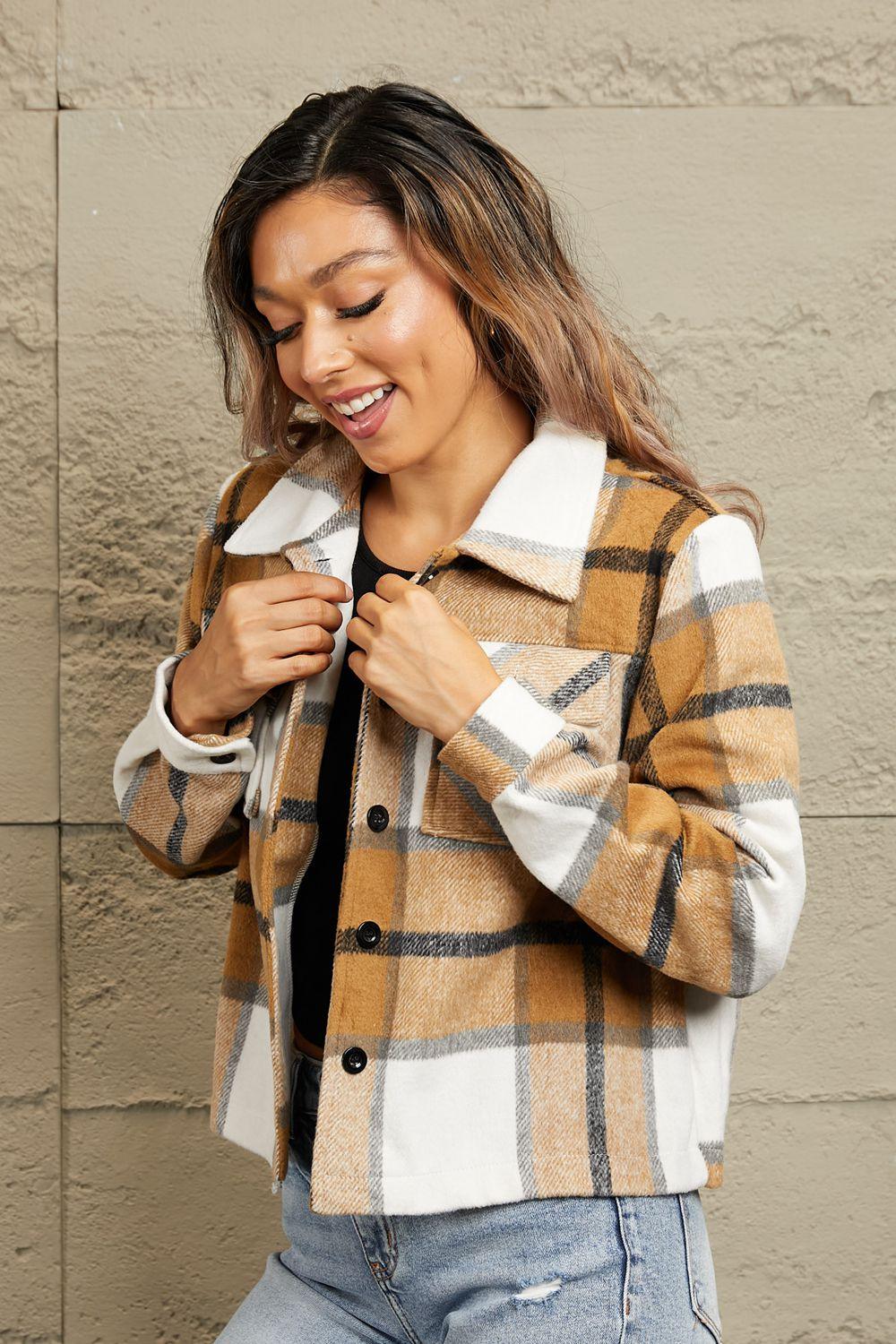 Plaid Collared Neck Jacket with Breast Pockets - Clothes For Her Online Store