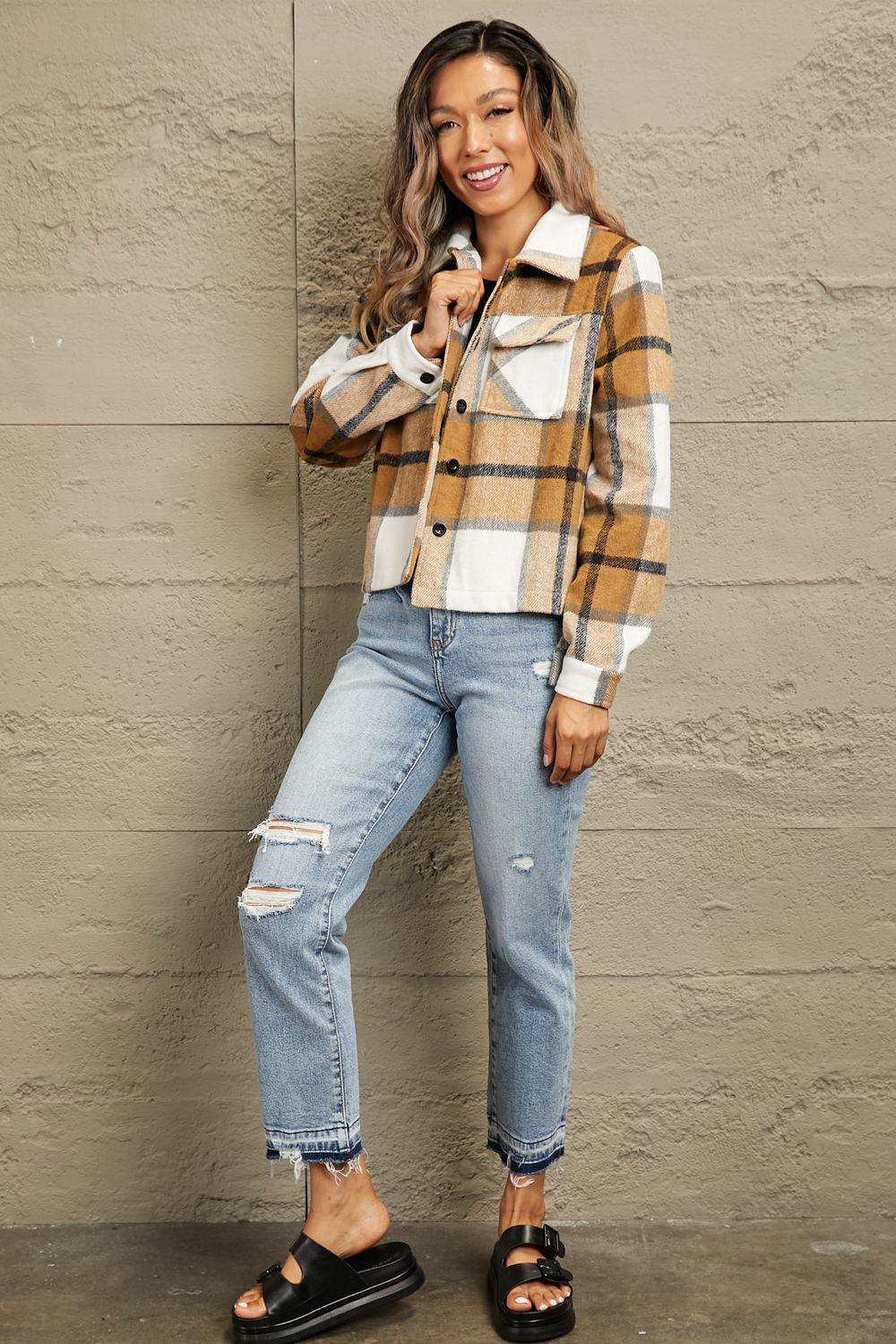 Plaid Collared Neck Jacket with Breast Pockets - Clothes For Her Online Store