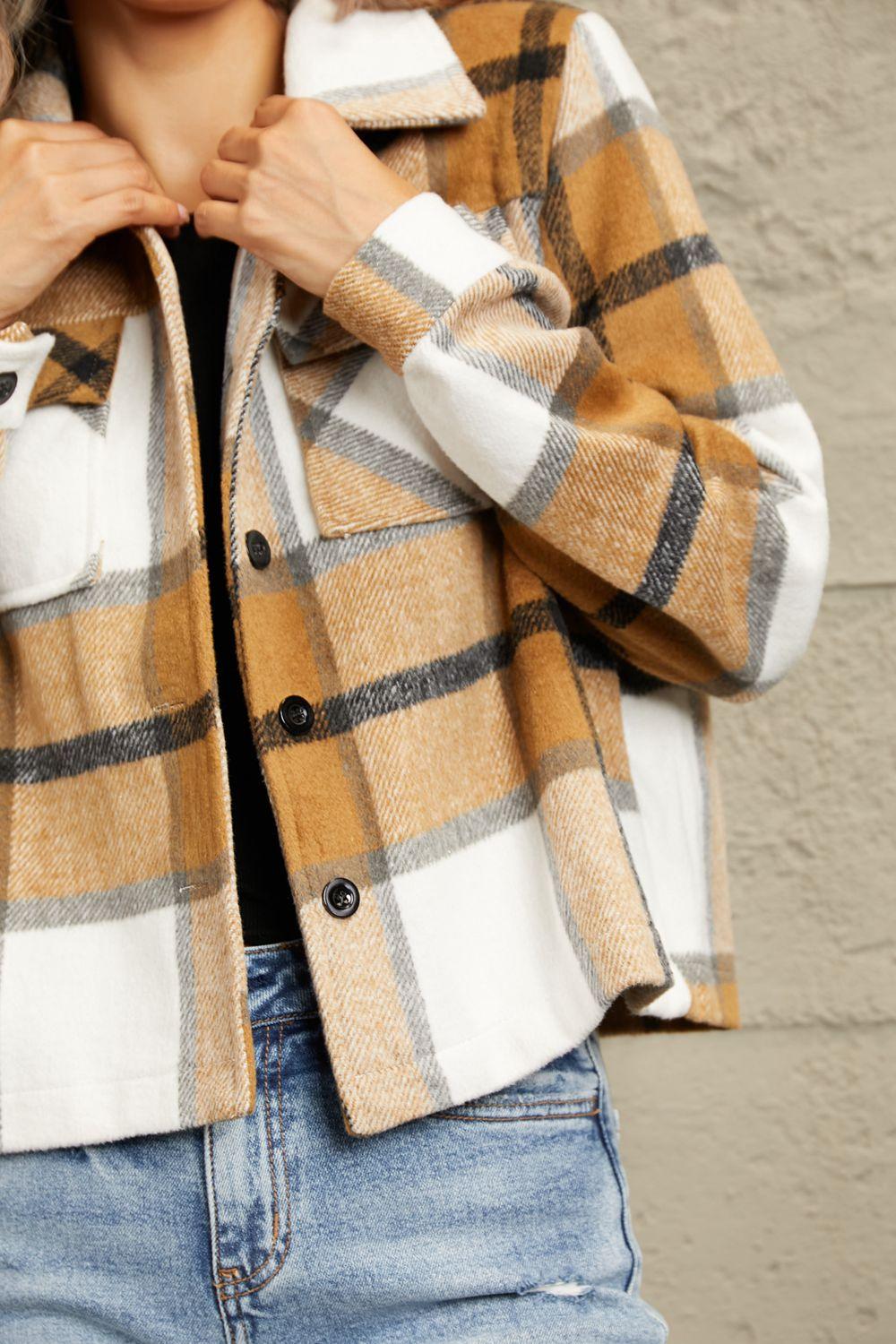 Plaid Collared Neck Jacket with Breast Pockets - Clothes For Her Online Store