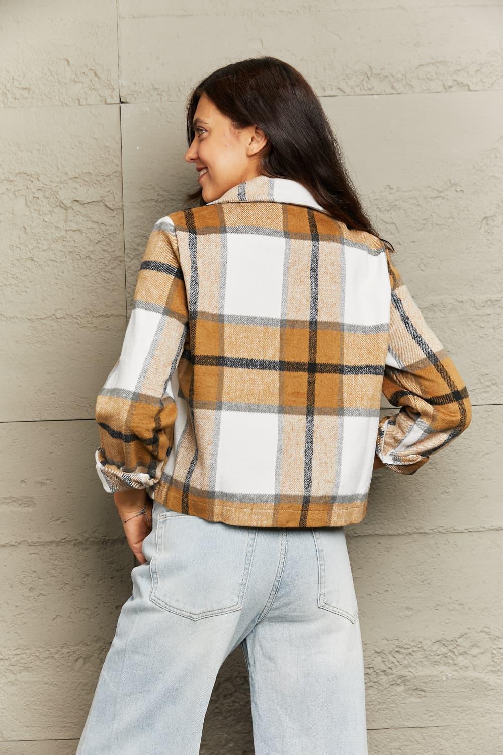 Plaid Collared Neck Jacket with Breast Pockets - Clothes For Her Online Store