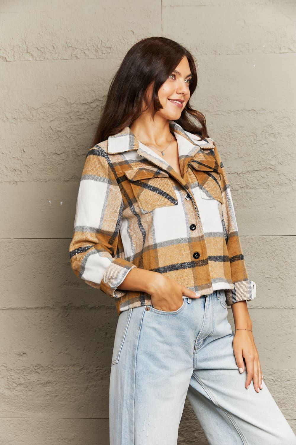 Plaid Collared Neck Jacket with Breast Pockets - Clothes For Her Online Store