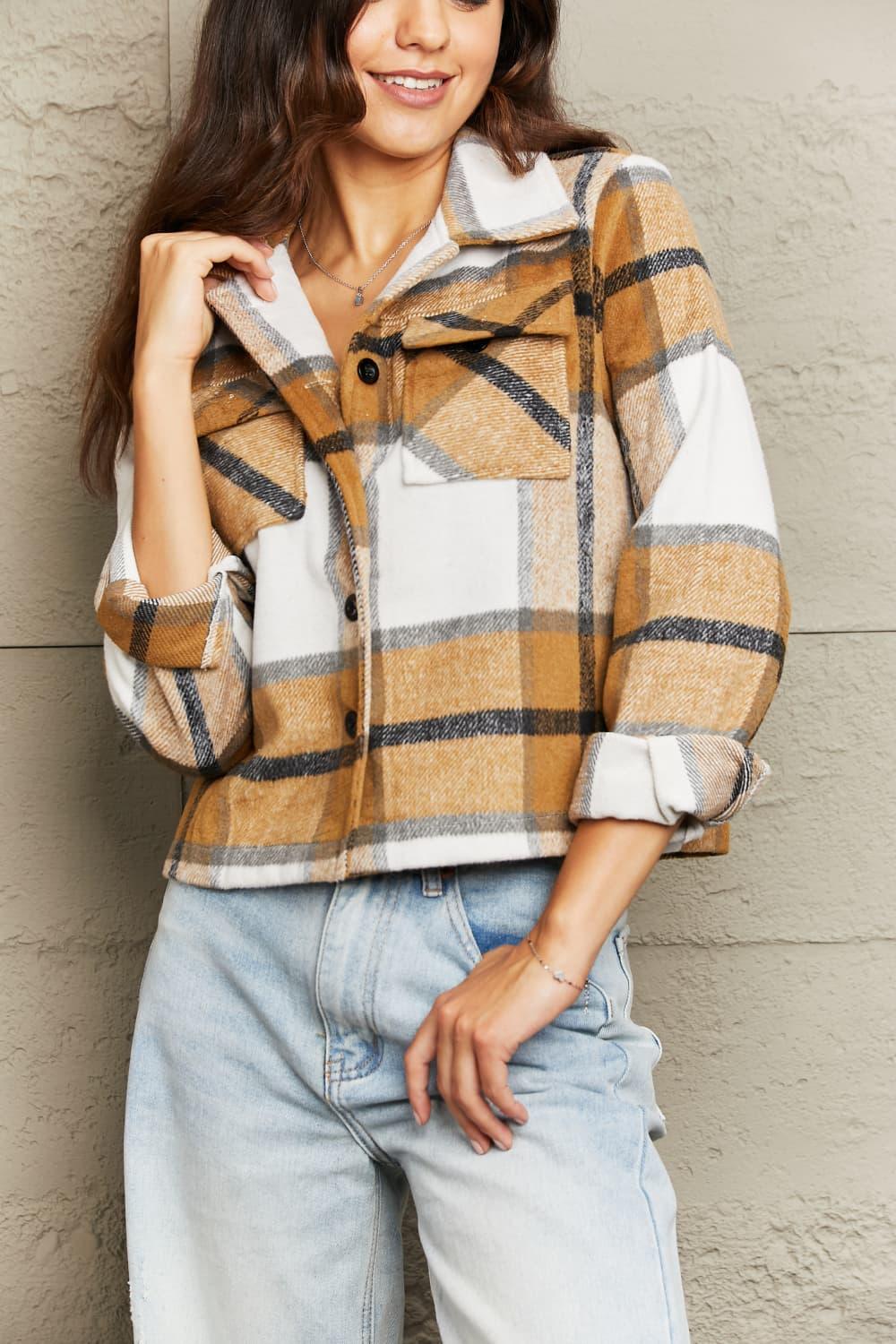 Plaid Collared Neck Jacket with Breast Pockets - Clothes For Her Online Store