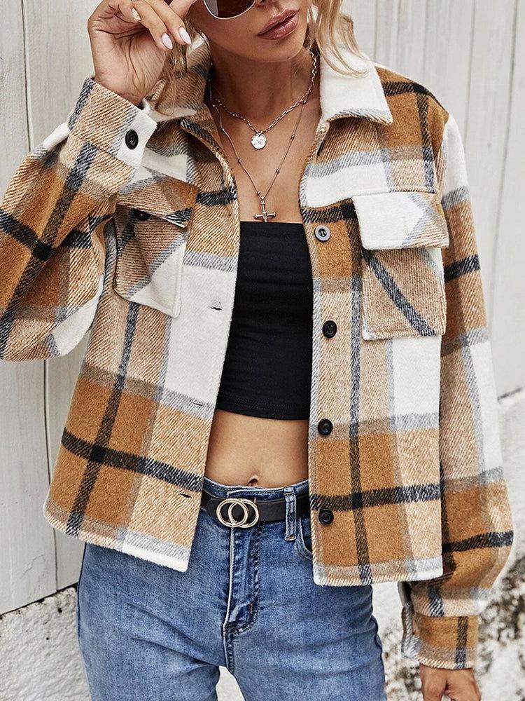 Plaid Collared Neck Jacket with Breast Pockets - Clothes For Her Online Store