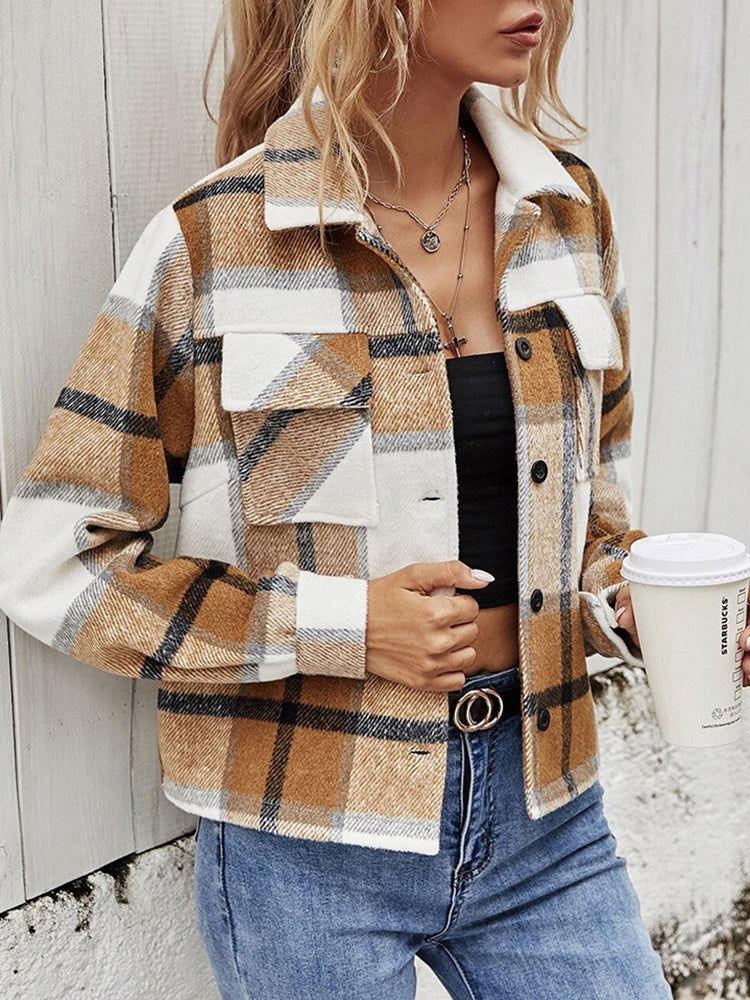 Plaid Collared Neck Jacket with Breast Pockets - Clothes For Her Online Store