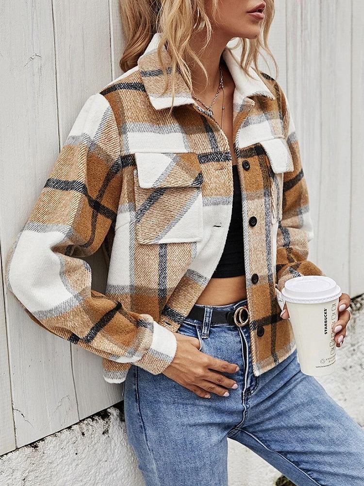 Plaid Collared Neck Jacket with Breast Pockets - Clothes For Her Online Store