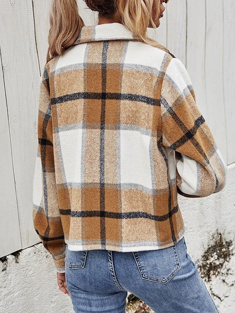 Plaid Collared Neck Jacket with Breast Pockets - Clothes For Her Online Store