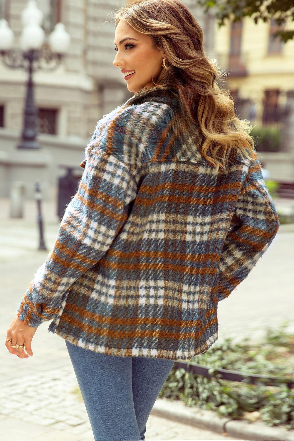 Plaid Collared Neck Jacket with Chest Pockets - Clothes For Her Online Store