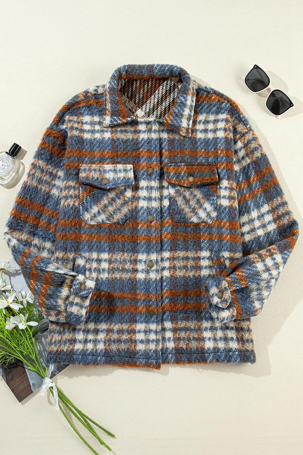 Plaid Collared Neck Jacket with Chest Pockets - Clothes For Her Online Store