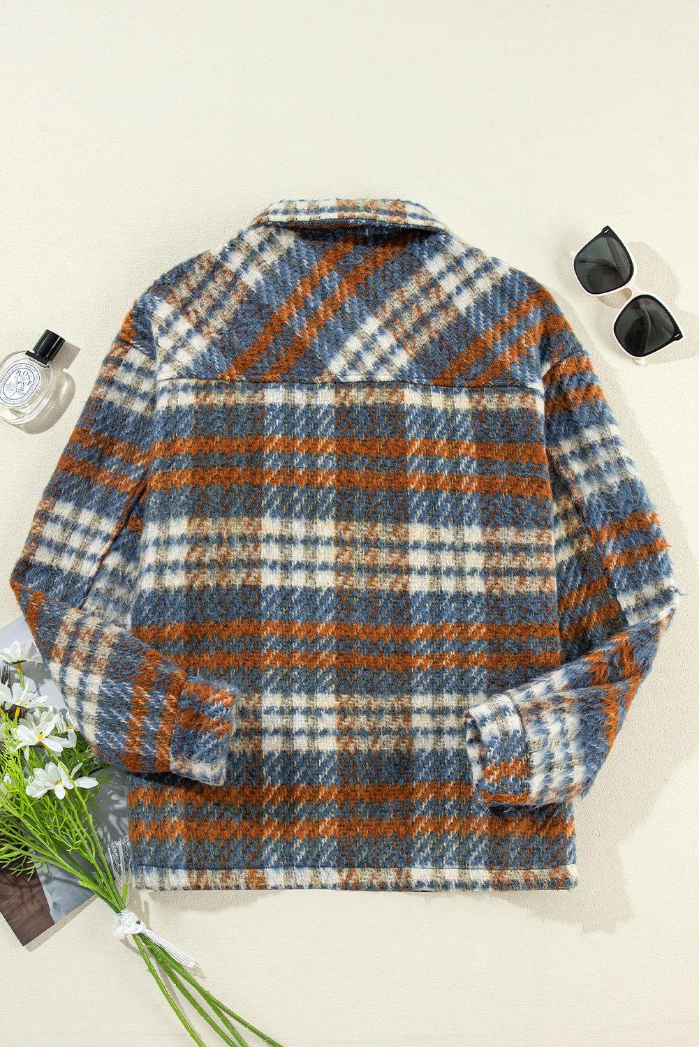 Plaid Collared Neck Jacket with Chest Pockets - Clothes For Her Online Store