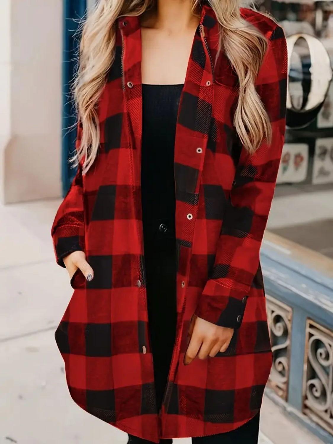 Plaid Collared Neck Snap Down Long Sleeve Jacket - Clothes For Her Online Store