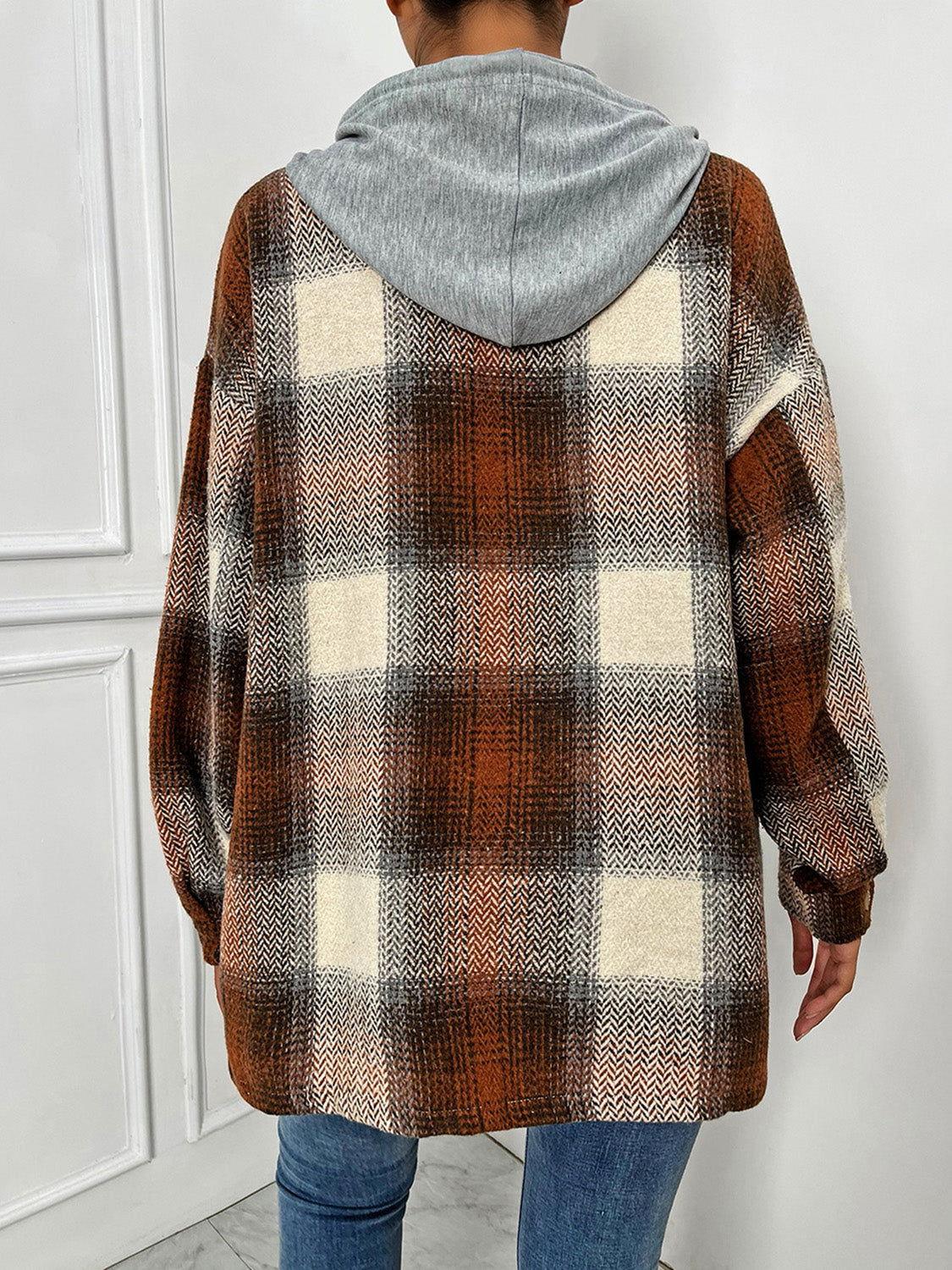 Plaid Drawstring Hooded Jacket - Clothes For Her Online Store
